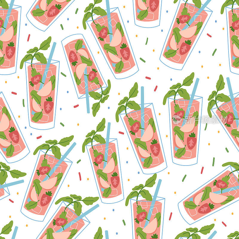 Ice cold drink with peach and strawberry seamless pattern. Vector hand drawn illustration.